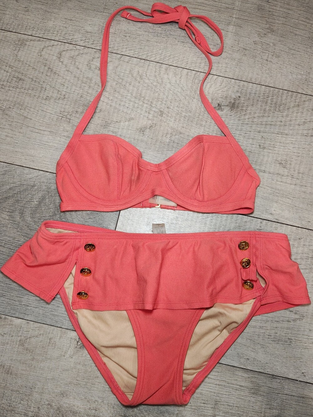 08 Victoria's Secret Coral Bikini Set w Halter Top, Skirted w Gold Button Bottom
